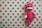 Pink Monkey Doll Top view on Pink and green Polka dot background