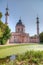 Pink mosque at the Schwetzingen palace in Germany during sunny summer day