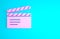 Pink Movie clapper icon isolated on blue background. Film clapper board. Clapperboard sign. Cinema production or media