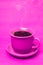 Pink mug with steaming hot coffee. Soft smoke. Pink background.