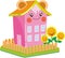 Pink multi-story kawaii house with ears, around a garden with sunflowers, isolated object on a white background, vector