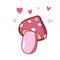 Pink mushroom magic toxic cartoon. Poisonous amanita or toadstool. Fairy tale magic mushroom pink. Pink hearts. Vector