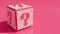 Pink mystery box with question marks. With copy space. 3D rendering illustration.