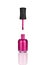 Pink nail polish glass bottle, brush & mirror reflection white background isolated closeup, open varnish package & shadow, lacquer