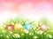 Pink Nature Background with Easter Eggs in Grass