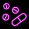 Pink neon contour of three tablets and capsule on a black background