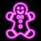 Pink neon outline of a gingerbread man on a black background. Christmas element