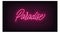 Pink neon Paradise, lettering. Neon text of Paradise on black brick background