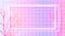 Pink neon rectangle frame on white tiles wall. Bright background with naked trees shadow overlay. Banner vector design