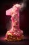 Pink number one with golden confetti. 1 Year Old. First Birthday Celebration. Girls party. Baby girl celebrates