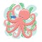 Pink octopus, cute cartoon character. Charming octopus and little fish, vector illustration for children, design print