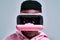 Pink opening virtual glasses dressed on a man. Virtual reality concept