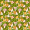 Pink and orange apples pattern. Fresh fruits with green leaves.