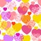 Pink orange lilac red yellow heart with polka dot heart seamless pattern on white background. Vector