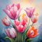 Pink and Orange Tulips Painting on Blue Background. Generative AI