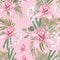 Pink orchid, herbs, berries, palm leaves and greenery seamless pattern.