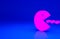 Pink Pacman with eat icon isolated on blue background. Arcade game icon. Pac man sign. Minimalism concept. 3d