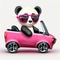 Pink panda in sunglasses rides in a convertible on a white background. AI Generated