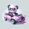 Pink panda in sunglasses rides in a convertible on a white background. AI Generated