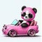 Pink panda in tinted glasses rides in a convertible on a white background. AI Generated