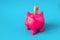 pink papier mache piggy bank with 50 Euros