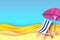 Pink parasol - umbrella in paper cut style. Blue Chaise lounge. Origami sea and beach. Vacation and travel concept.