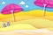 Pink parasols in paper cut style. Origami sand beach with summer equipment . Beach rest. Vacation and travel concept