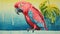 Pink Parrot Perched On Wall: Photorealist Illustration With Crimson And Azure Palette