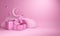 Pink pastel gift box, sheep, crescent moon, star on studio lighting background.