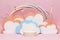 pink pastel product podium or display rainbow girly girl advertisement cloud layer set theatre vibe makeup cosmetic teenager.