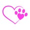 Pink paw print on outlined pink heart shape icon on white background. Pictogram, icon set illustration