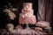 pink and pearl-themed wedding cake with flowing details and lace accents