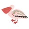 Pink pelican isolated on white background. Hand drawing, vector.