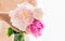 Pink peonies in woman`s hands. Elegant bunch of beautiful flowers, soft white background, shallow dof, copy space