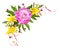 Pink peony flower with yellow lilies, confetti and silk ribbons in a corner floral arrangement