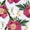 Pink peony flowers with callas lilies and herbs bouquet seamless pattern. Watercolor style Illustration.