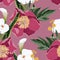 Pink peony flowers with callas lilies, leaves and herbs bouquet seamless pattern.