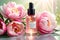 Pink Peony Flowers Embracing a Skin Care Face Serum Bottle, Dew-Kissed Petals in the Foreground, Tranquil Beauty