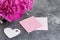Pink peony, shabby heart and pink blank note