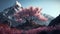 Pink Petals and Snowy Summits: A Stunning Sakura Tree in Full Bloom Against a Mountainous Backdrop. Generative Ai