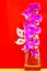 Pink phalaenopsis orchids in a glass vase against red background with hong kong national flag
