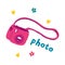 Pink photo girls camera, trendy flat style. Travel summer thing, colorful illustration accessory, isolated