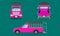 Pink pickup truck with car steel grating plastic top cover passenger front side back view transport vector illustration eps10