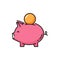 Pink pig bank with coin isolated flat line icon