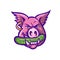 Pink Pig Biting Pickle Mascot