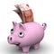 Pink pig piggy bank with banknotes of the Russian currency on white surface