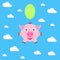 Pink pig, piglet flies on one green balloon in the blue sky with clouds. Vector illustration.