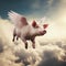 Pink pig, piglet with wings flies in the sky above the clouds,