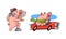 Pink Pig Playing Knight Wearing Helmet Holding Sword and Driving Car Vector Set