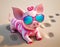 Pink pig swims in the sea, skis and lies on the beach